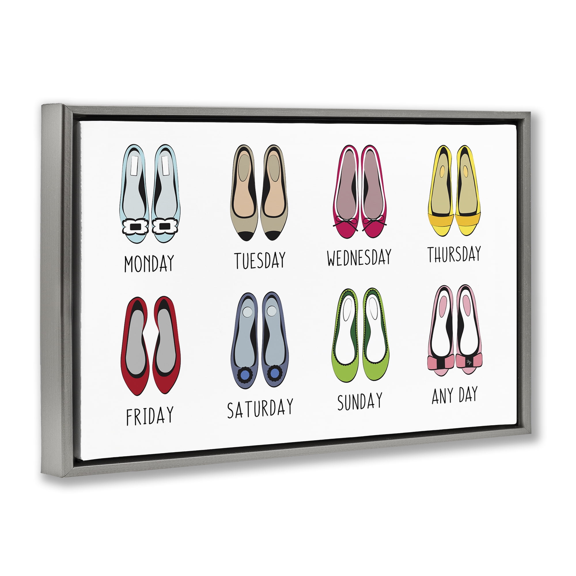 Stupell Industries Shoe Week Days Fashion Painting Gray Floater Framed Canvas Art Print Wall Art, 25 x 17