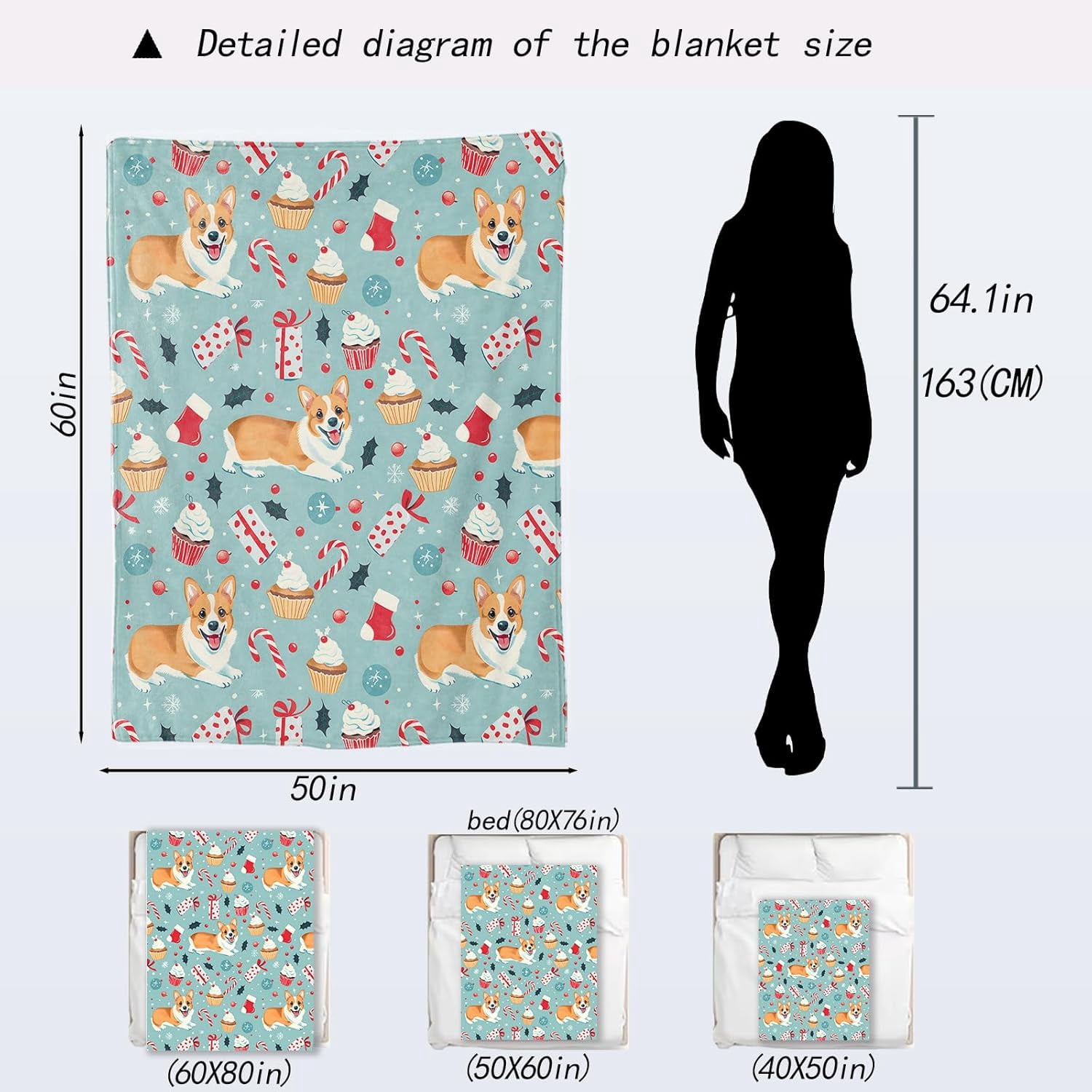 Cute Christmas Corgi Blanket - Festive Dog Fleece Throw,Gifts for Users Adult, Soft & Warm,Lightweight, for Holiday Decor,Winter Celebration, and Room Home Accents 40x50in