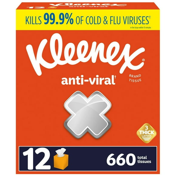 Kleenex Anti-Viral 3-Ply Facial Tissues 12 cube boxes, 55 tissues/box