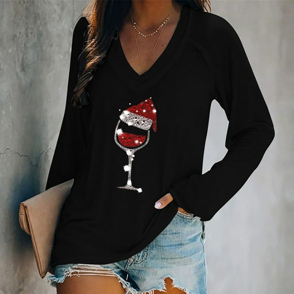 AOOCHASLIY Women Fall Tops Fashion Women Casual V Neck Christmas Printed Long-sleeved T-shirt