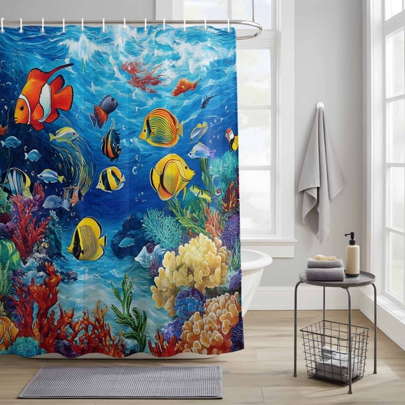 Ocean Underwater Fabric Shower Curtain for Bathroom Waterproof Polyester Bath Curtain with 12 Hooks World Tropical Fish Coral Color Marine Life Washable Shower Curtain with Grommets 72"x84"