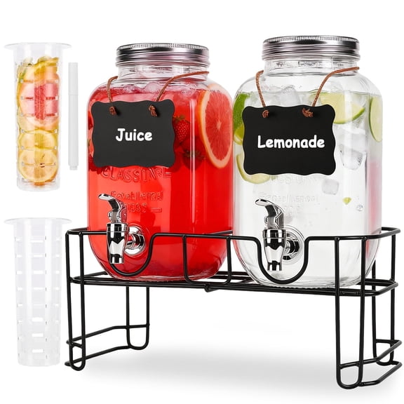 Yucurem 2 Gallon Glass Drink Dispensers for Parties, Beverage Dispenser with Spigot, Fruit Infuser and Stand