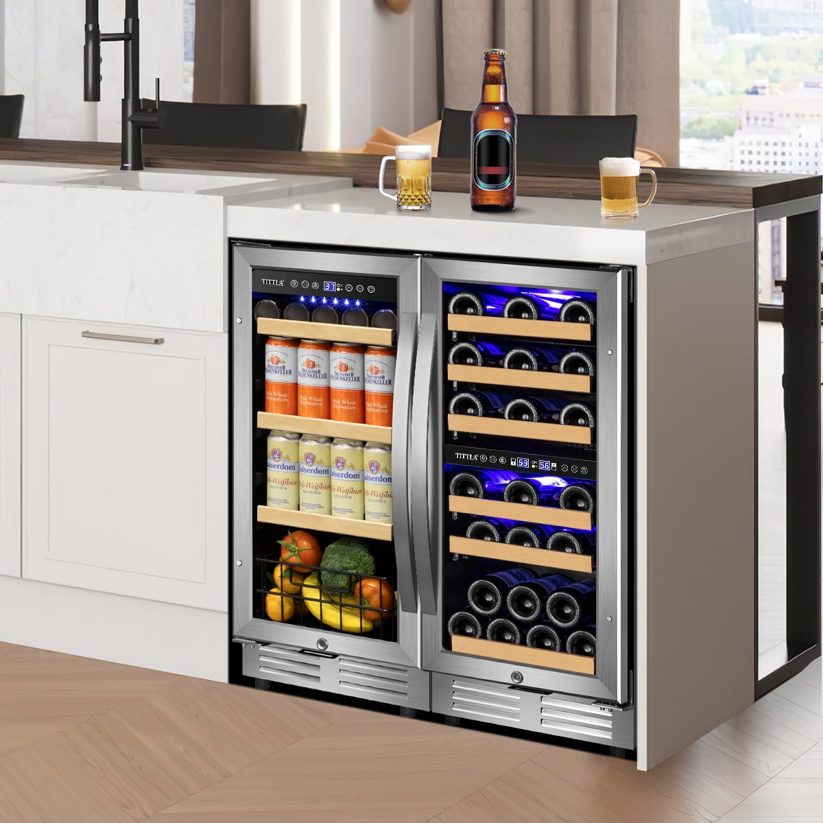 Tittla 15 Inch Dual Zone Wine Refrigerator and 15 Inch Beverage Refrigerator,Wine Cooler Holds 30 Bottles and 130 Cans for Kitchen Office