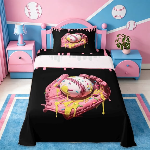 Erosebridal Colorful Ice Cream Drip Twin Sheet Sets,Girl Baseball Sport Games Bedding For Kids 3 Pieces