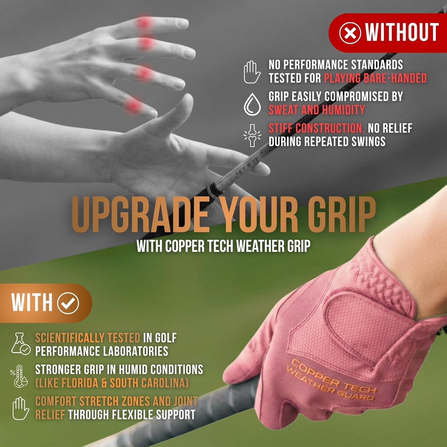 Copper Tech Plus Rain Golf Gloves Women | Water-Enhanced Golf Rain Gloves for Women | Joint Support Ergonomic Copper Compression (Pink/Pink, Medium-Large, Right)