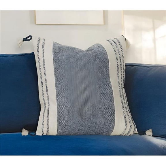 HomeRoots 518709 20 in. Blue & White Color Block Cotton Throw Pillow with Tassels