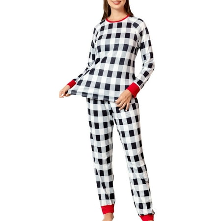 

Genuiskids Christmas Family Matching Pajamas Baby Romper/Plaid Print Round Neck Long Sleeve Tops + Elastic Waist Long Pants Sleepwear Set