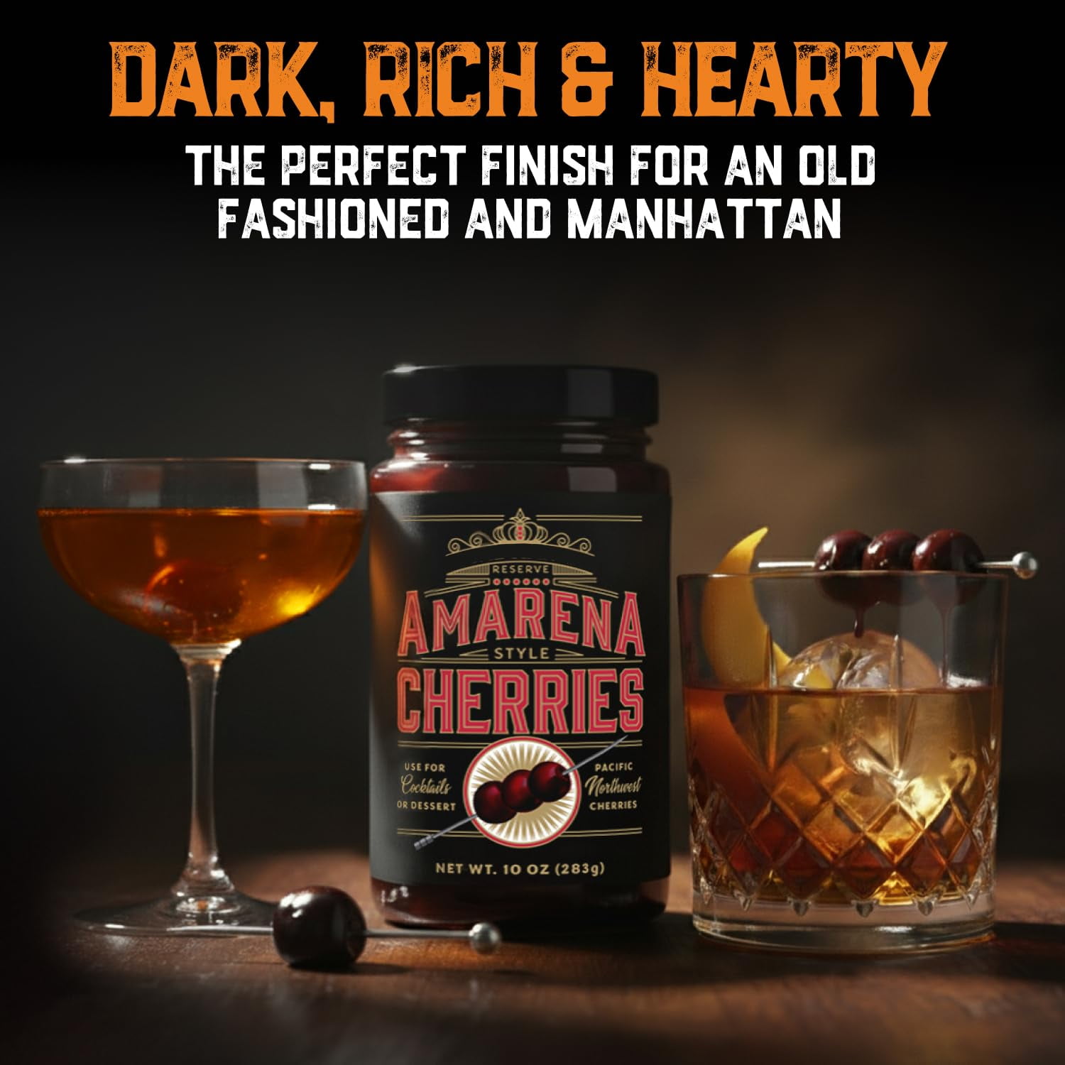 Aged and Charred Amarena Cherries in Syrup, 10 oz Cocktail Garnish for Bourbon and Whiskey, 30–40 Cherries, Made in USA