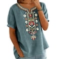 thumbnail image 5 of Vinsonshop Linen Shirts for Women Ethnic Style Embroidered Linen Tops Cotton Linen Blouse Lightweight Casual Blouse V Neck Casual Cotton Blouses Womens Shirts Casual Blue 3XL, 5 of 9