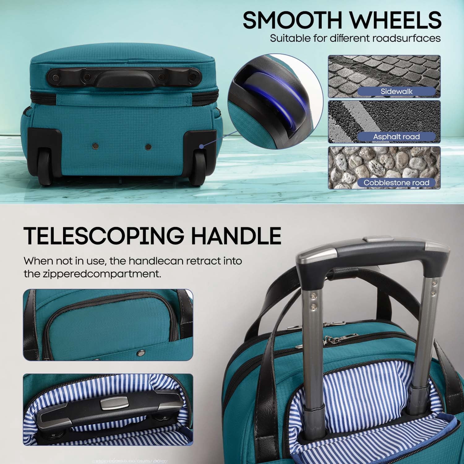 16" Underseat Carry on Luggage for Airplane, Softside Small Rolling Suitcase,Lightweight Personal Item Travel Bag, Green - XJ5011