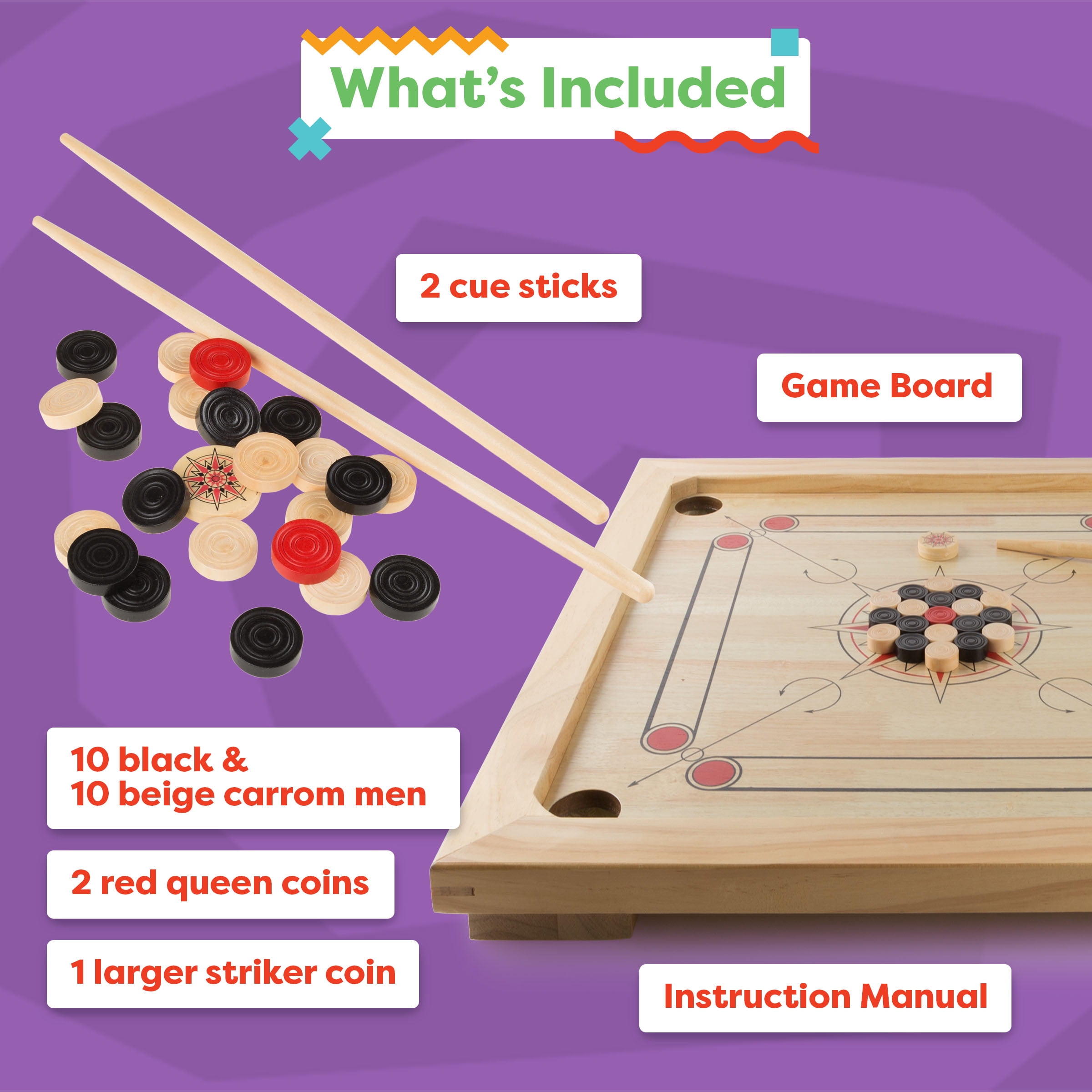 Rockin’ Rollers Carrom Board Game with Coins and Strikers, Wooden Board Game Set for Adults and Kids - 26" Square