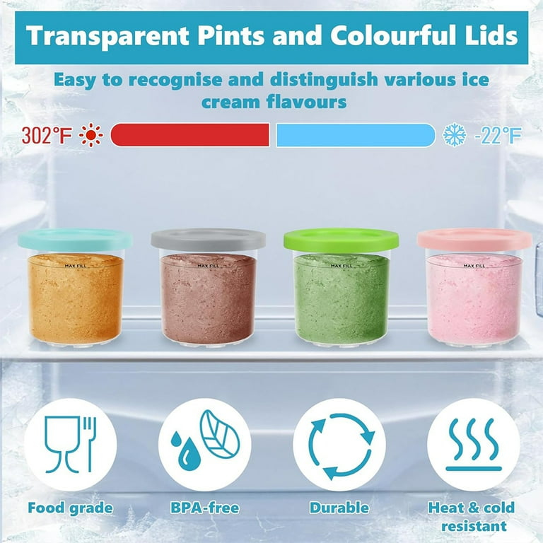 Creami Pints and Lids for Ninja - 4 Pack Ice Cream Pint