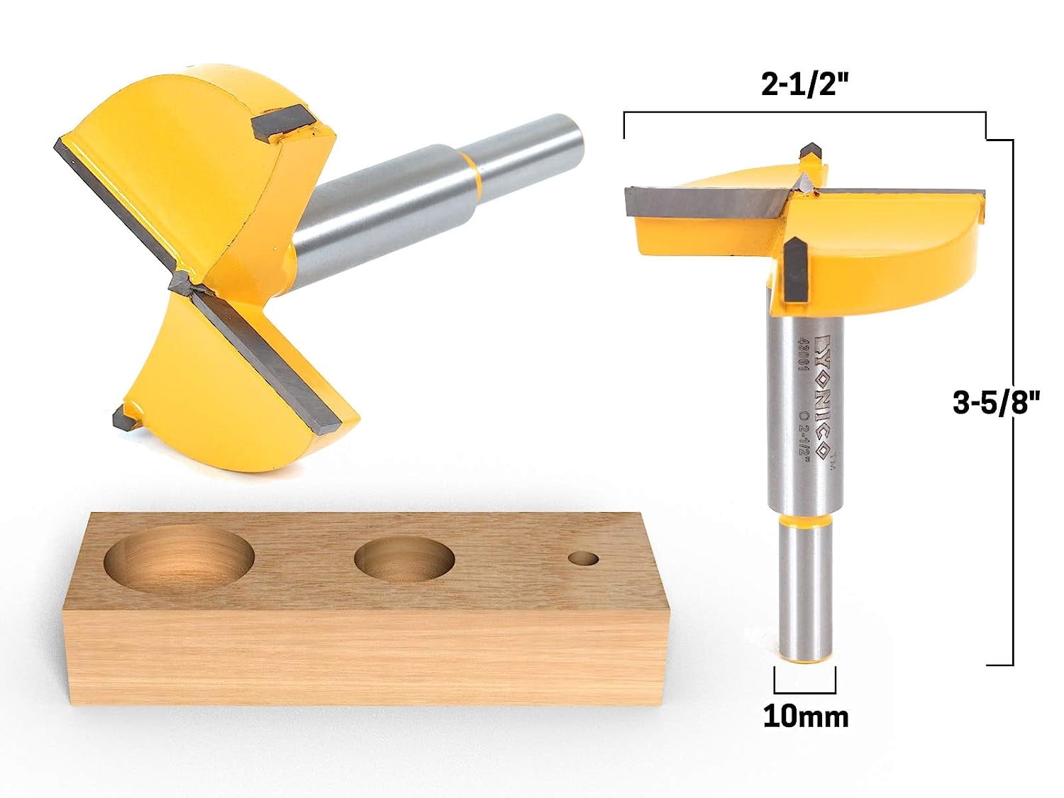 2-1/2" Diameter Carbide Forstner Drill Bit - 10mm Shank - Yonico 43061C