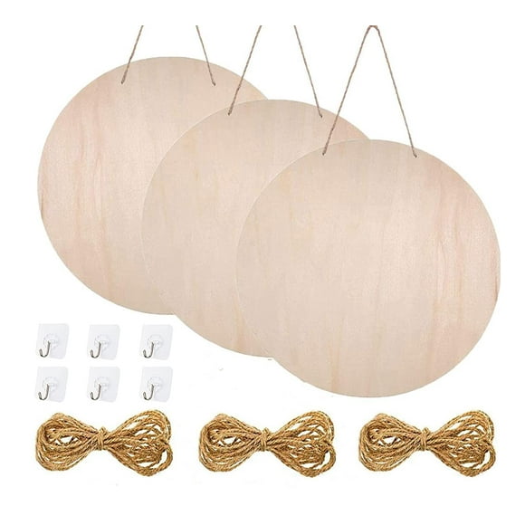 Feill 3 Pieces 12 Inch Wood Circles Sign - Unfinished Blank Wooden Circle with Twine & Hook for DIY Crafts, Door Hanger, Sign, Wood Buring, Painting, Christmas Decor