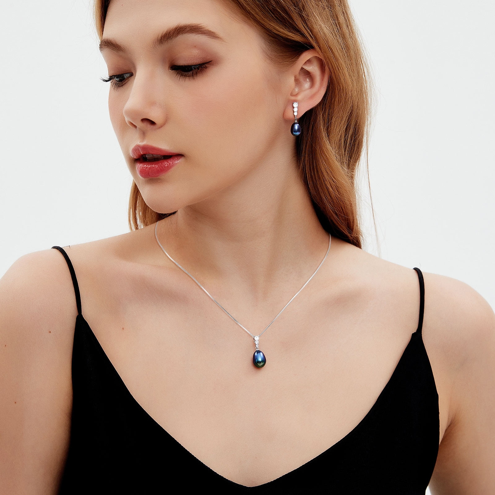 Yami 9-10mm Tahitian Black Pearl Pendant Necklace Saltwater Cultured in 925 Sterling Silver Three CZ Jewelry Gifts for Her
