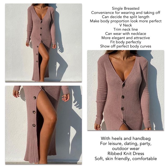 Robe Chandail Longue en Tricot à Col en V Profond pour Femmes avec Boutons, Manches Longues, Robe Maxi