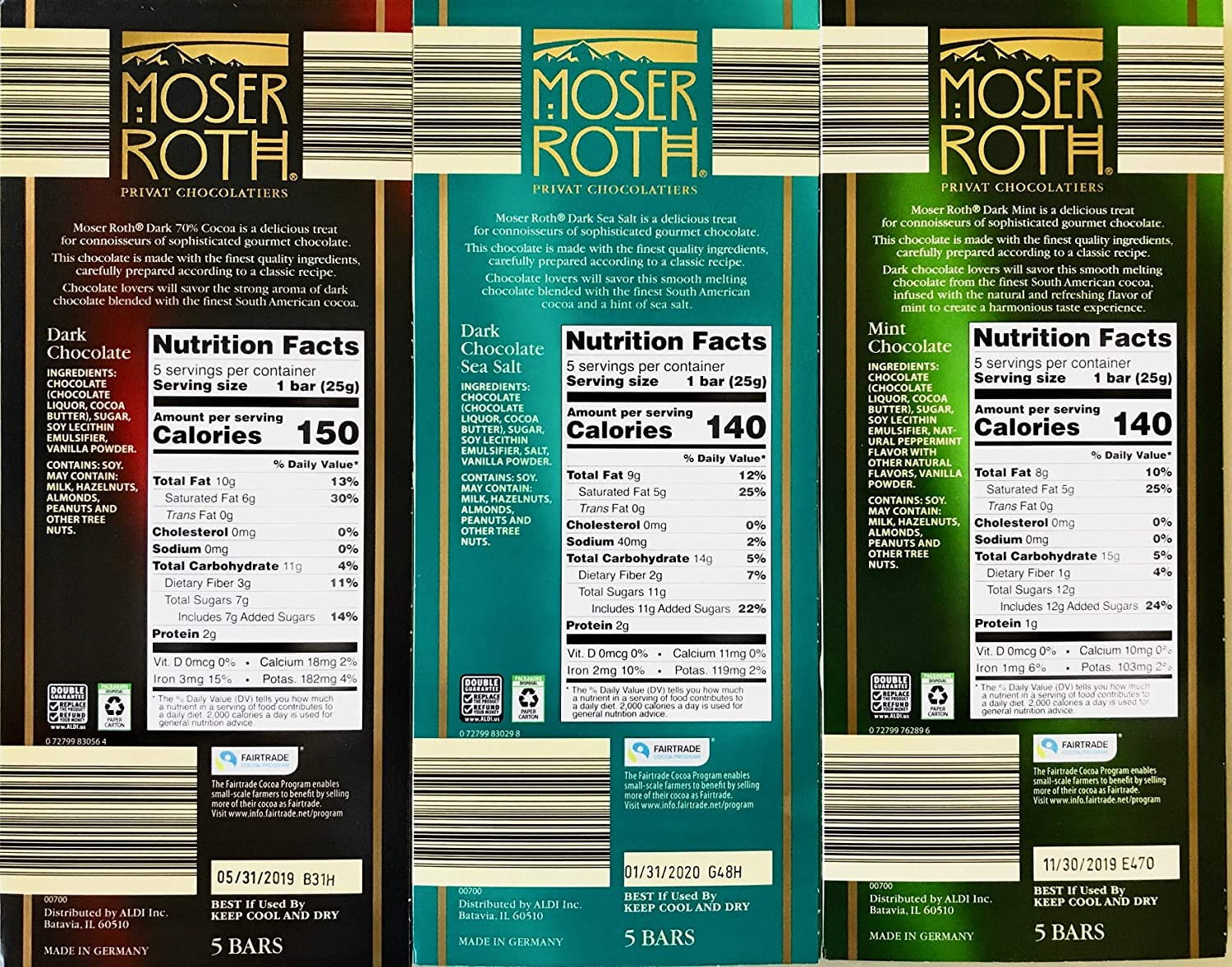 Buy German Dark Chocolate Bundle of 3 Varieties. Moser Roth Dark Sea ...