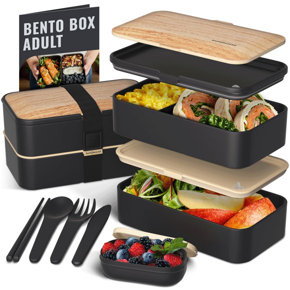 Bentoheaven Premium Bento LunchBox para adultos, 2 compartimentos 40oz Con Cubiertos, palillos y recipiente para salsas