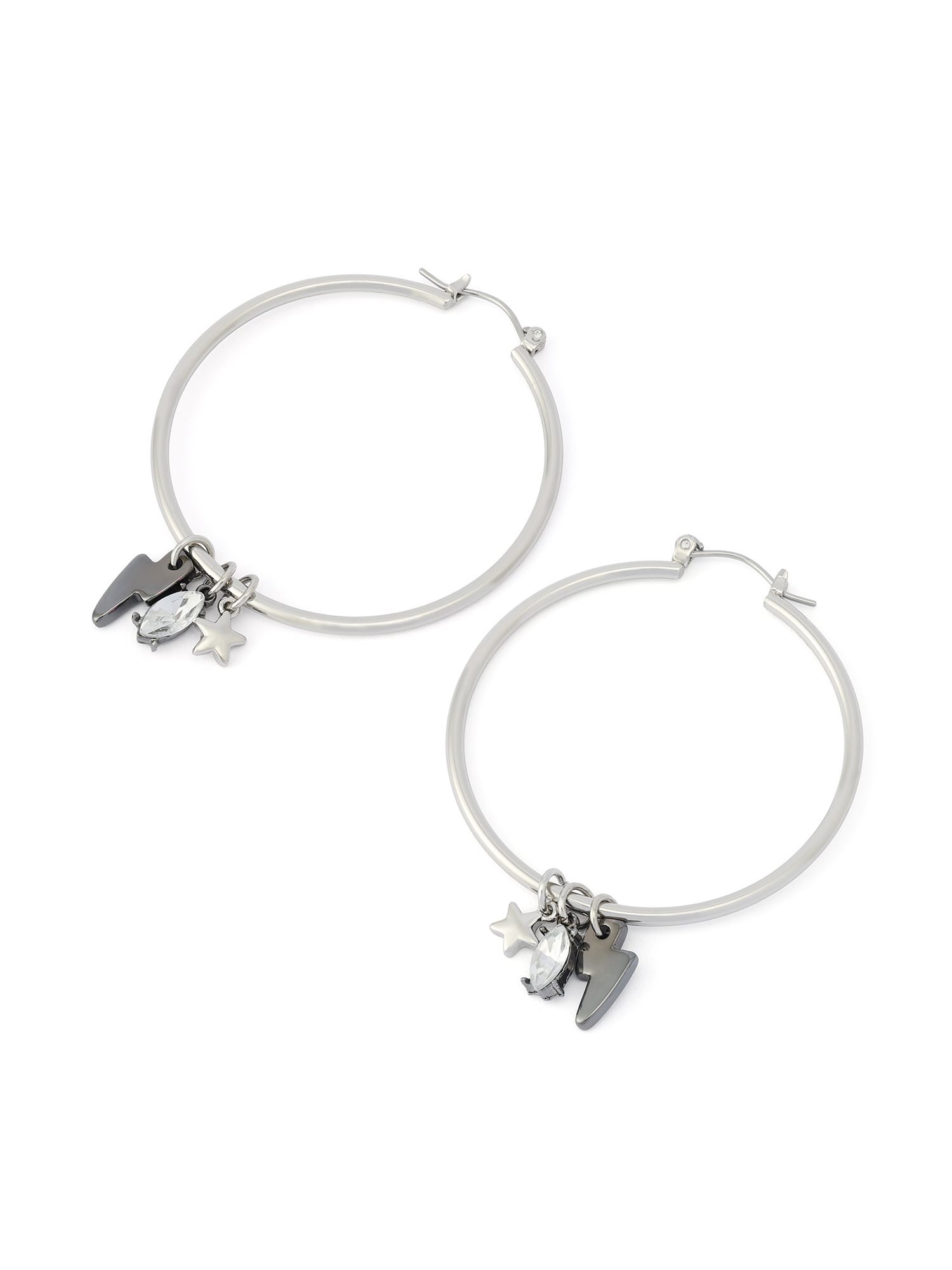 Madden NYC Women's Fashion Rhodium Lightning Bolt Charm Hoop Earrings
