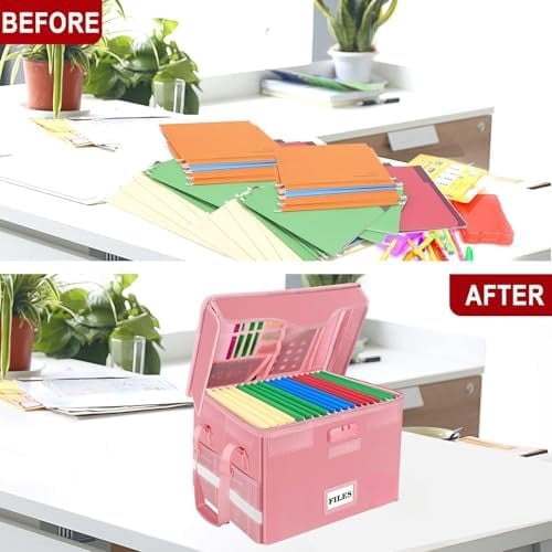 Fireproof Document Box with Lock,File Storage Organizer with Pockets,Collapsible Portable File Box Home Office Safe Filing Cabinet with Handle for Hanging Letter/Legal Folders,Pink,2 Pack