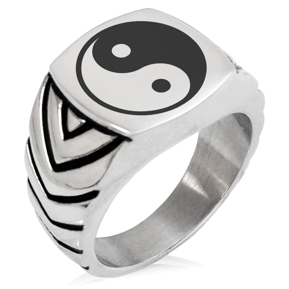 Stainless Steel Yin Yang Chevron Pattern Biker Style Polished Ring