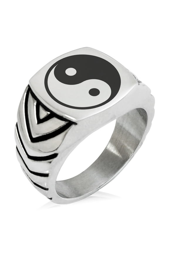 Stainless Steel Yin Yang Chevron Pattern Biker Style Polished Ring