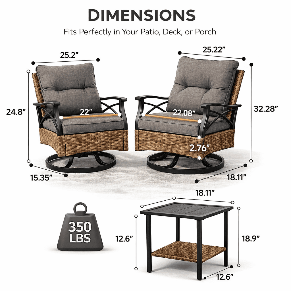 Patio Furniture Set, 3 Pieces Outdoor Swivel Rocker Chairs Set of 2, Rattan Wicker Conversation Set with 2 Rocking Swivel Chairs & Side Table, 360° Rotation Deep Seating for Porch Backyard Deck