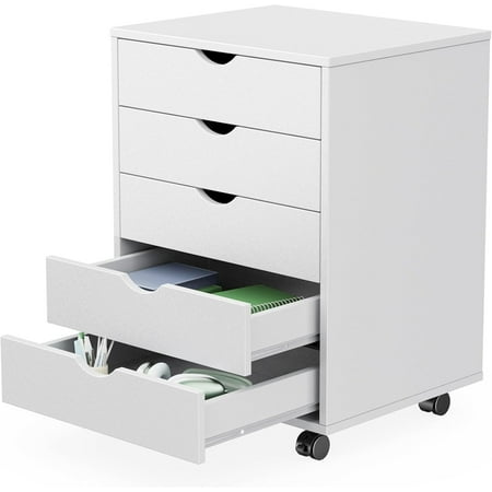 5 Drawer Wooden Dresser Storage Cabinets Room Organization | Mobile Rolling Wheels Vertical Organizer Chest Home Office Bedroom Furniture White Wood