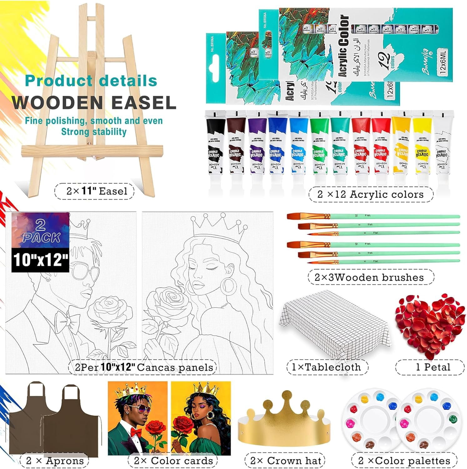 2 Sets 10x12 Couples Painting Kit Date Night, Sip and  Kit for Adults with Pre-Drawn Canvas (Easels Included),  for Date Night Painting and Sip Parties ( and )