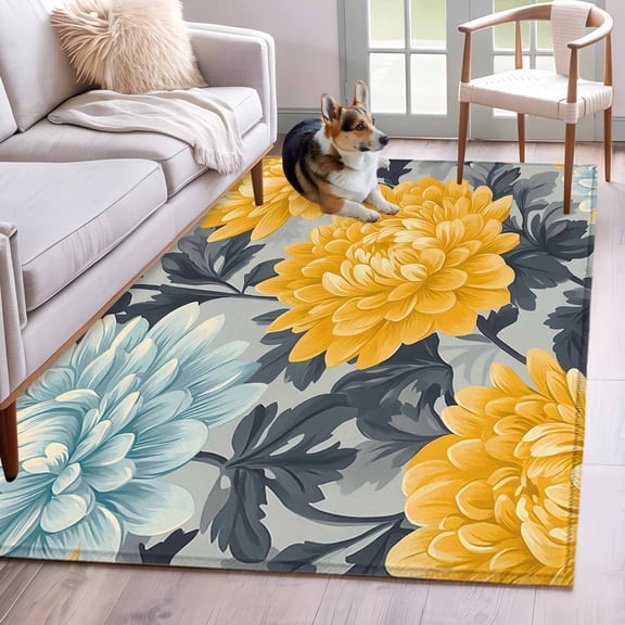 Yellow Teal Floral Spring Area Rug 4x6 Washable Rug Non Slip Summer Botanical Pastoral Large Area Rug Indoor Floor Carpet for Entryway Bedroom Kitchen Living Room Home Office Dining Room Nursery