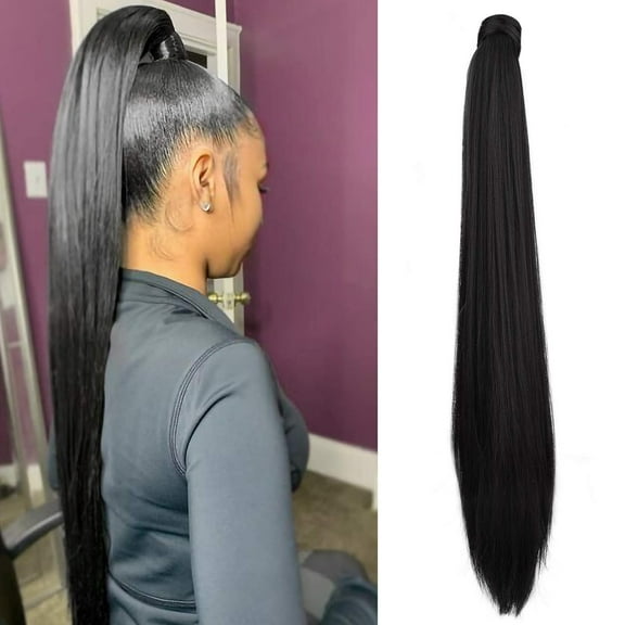 Cece Beauty Hairline 32 Inch Clip in Ponytail Extension Wrap Around Long Straight Pony Tail Hair Synthetic Hairpiece for Women - Black