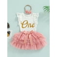 thumbnail image 4 of Baby Girl’s 3 Piece Suit Fashion Letter Lace Fly Sleeve Romper and Bow Gauze Short Skirt  Headband, 4 of 10