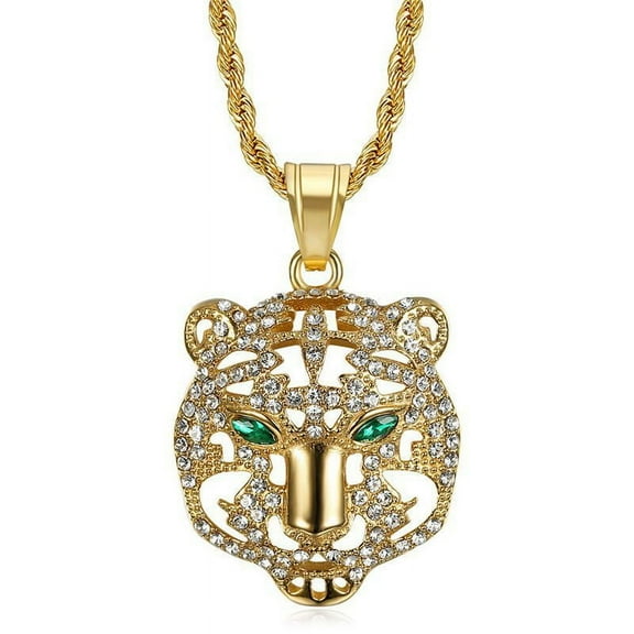 Men's Fashion 14K Yellow Gold Rhinestone Green Eyes Hollow Tiger Head Pendant Necklace Punk Hip Hop Personality Jewelry