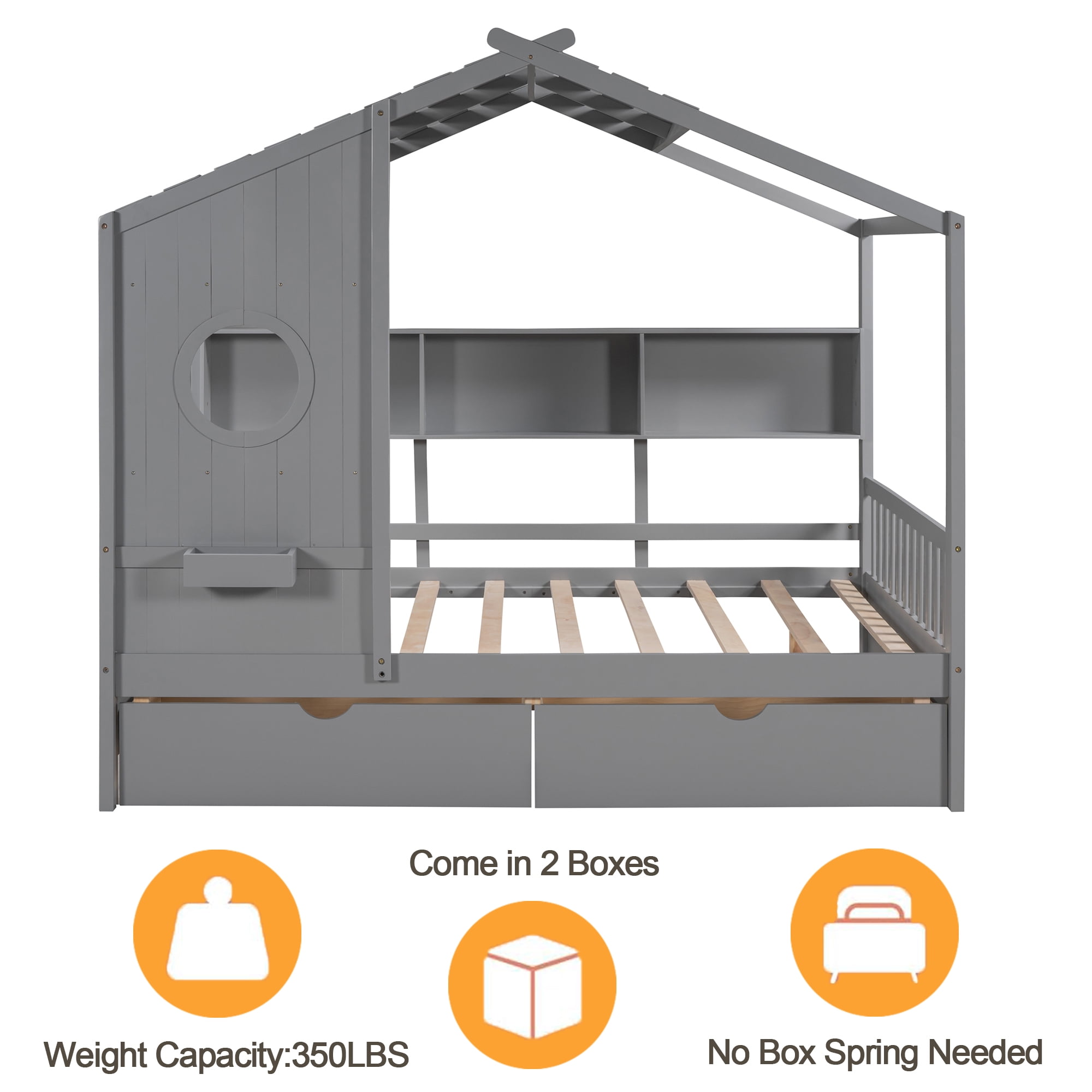 Bellemave House Bed with 2 Drawers and Storage Shelves, Wood Full Size  Montessori Bed Frame with Roof and Window, Playhouse Bed for Bedroom (Gray)
