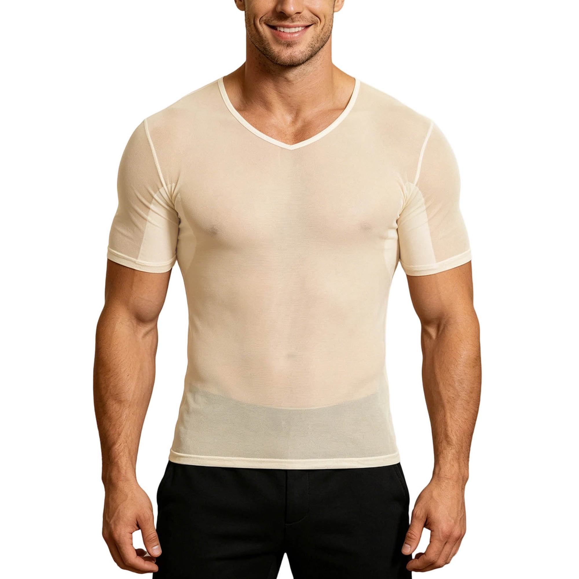 ZHOGXU Fashion Sports Fitness And Leisure Style Short Sleeve V Neck Men's T Shirts With Underarm Sweat Wicking Pads Comfortable Everyday Wear