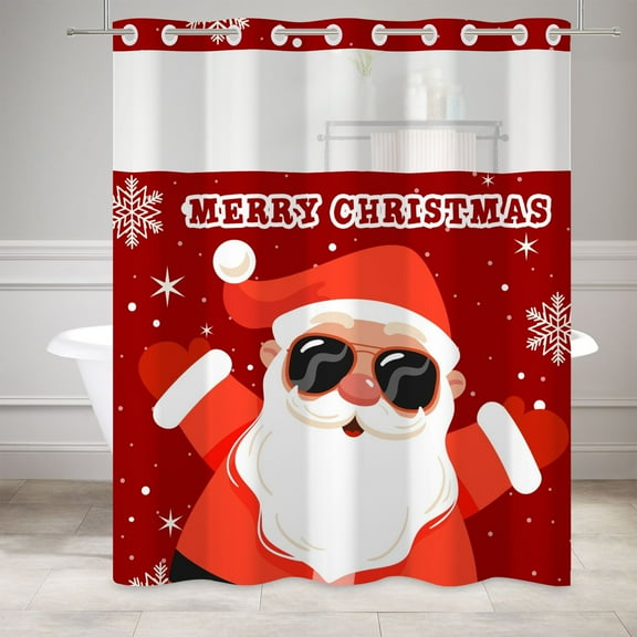 Mizhona Merry Christmas No Hook Shower Curtain with Snap in Liner Hookless Fabric Shower Curtain,71"× 74"