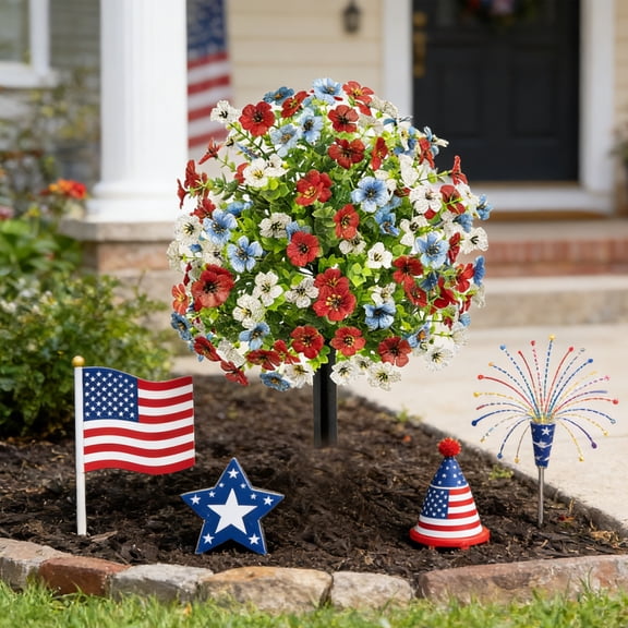 AYktou 22 Inch 4th of July Topiary Ball Trees, Independence Day Artificial Flowers Garden Decorations with Ground Plug, 250Th Anniversary Patriotic Garden Potted Flower Faux Bushes Plants Yard Decor