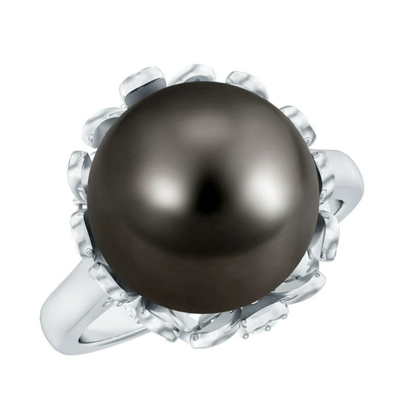 Rosec Jewels Real Tahitian Black Pearl Engagement Ring with Diamond - Pearl Flower Ring - 10 mm - AAA Quality - with Jewelry Box, 925 Sterling Silver, US 4.00