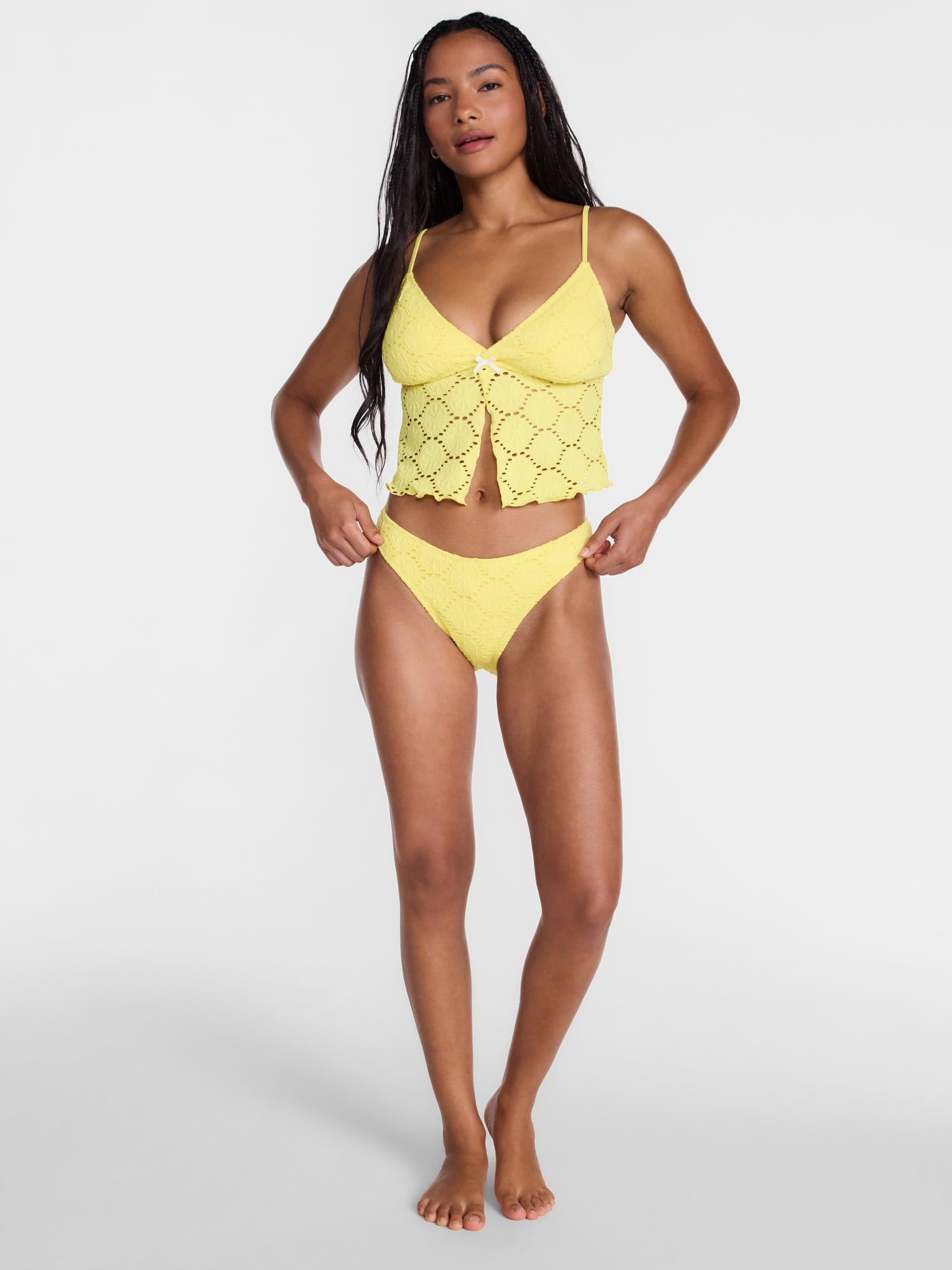 No Boundaries Lemon Eyelet High Leg Bikini Swim Bottoms, Women's XXS-XXL