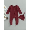 thumbnail image 3 of Baby Boys's Girl's Romper Set, 3M 6M Round Neck Long Sleeve Button-Down Ribbed Feet Wrap Jumpsuit + Hat, 3 of 9