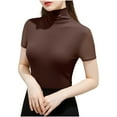thumbnail image 3 of XPMWRP Womens Mock Turtleneck Tops Fashion Short Sleeve Lightweight T-Shirt Casual Solid Stretch Fitted Tees Brown L, 3 of 6