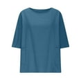 thumbnail image 4 of Wyobmus Womens Linen Tops Short Sleeve Round Neck Loose T Shirt Solid Color Draped Shoulder Flowy Tees Tunic Summer Shirt With Pockets S-2X Dark Blue, 4 of 7