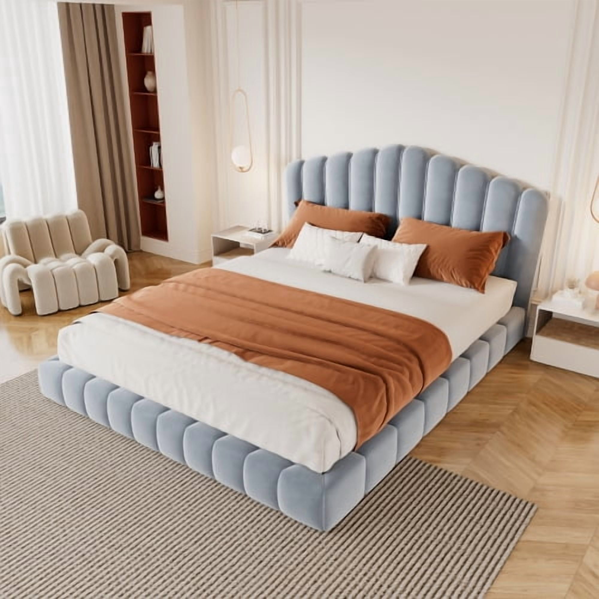 Velvet Upholstered Queen Floor Bed Frame with Shell-Shaped Headboard, No Box Spring Needed, Low Profile Platform Bed for Bedroom, Light Blue