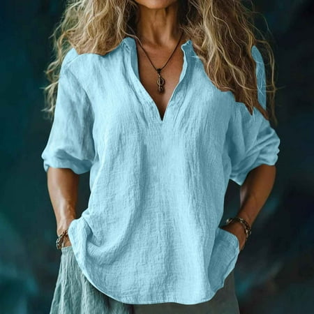 Women's Tops Under $10 Free Shipping Retro Boho Floral Print Casual Cotton Linen Linen V-neck 3/4 Sleeve Shirt Top