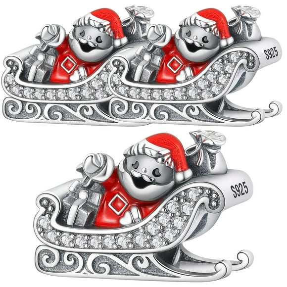 Dije navideño Santa XmasClaus02 3Pzas Plata S925 Chapa Separador Fijo Santa con Trineo Plata/Rojo Caja Blanca 3x3cm.