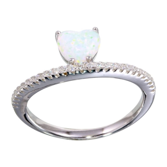 Rhodium Plated 925 Sterling Silver Band Simulated Opal Heart Ring White Cubic Zirconia Female Size 6