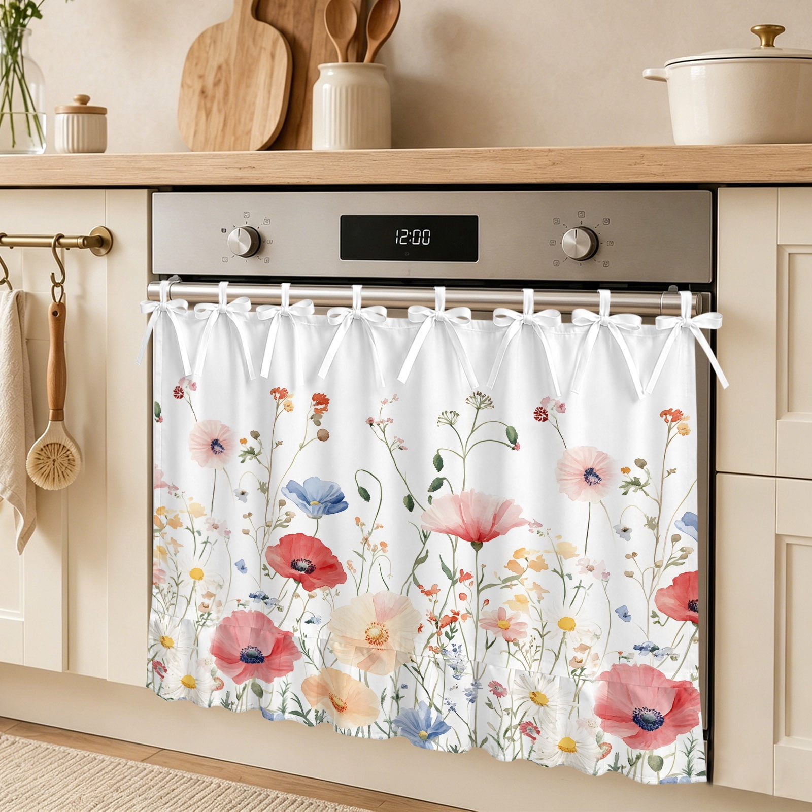 Vintage Flowers Oven Skirt Curtain Watercolor Colorful Floral Green Leaf Plant Tie Top Tier Curtains Stove Dishwasher Skirt Small Window Drapes for Kitchen Bathroom Cafe 27 x20