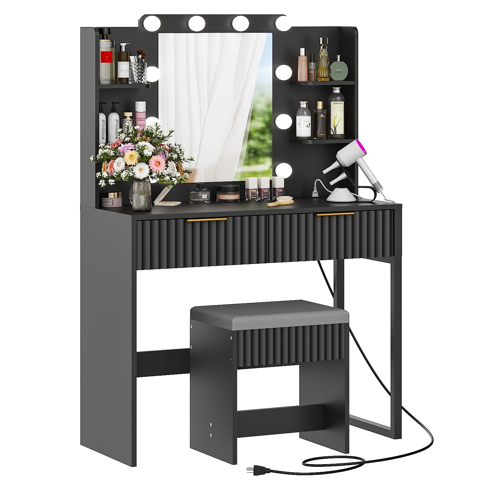 Ktaxon Lighted Makeup Vanity and Stool, Black Vanity Table Set with 2 Drawer and Charging Station, Femal Gift