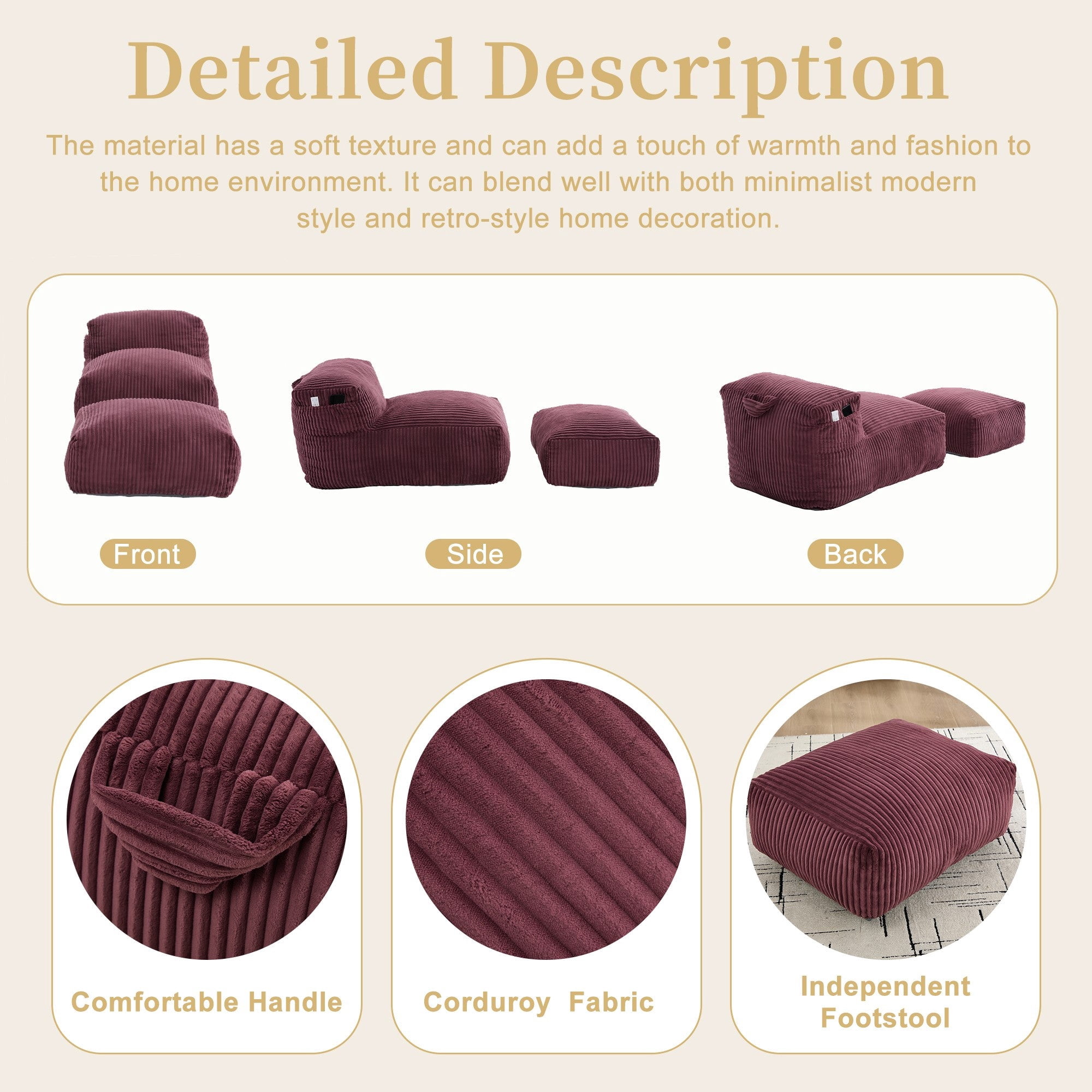 Sailvan Big Bean Bag Chair for Adults with Ottoman,Large Lounger Sofa,Soft Corduroy Beanbag Chair for Bedroom Dorm Living Room WINE RED