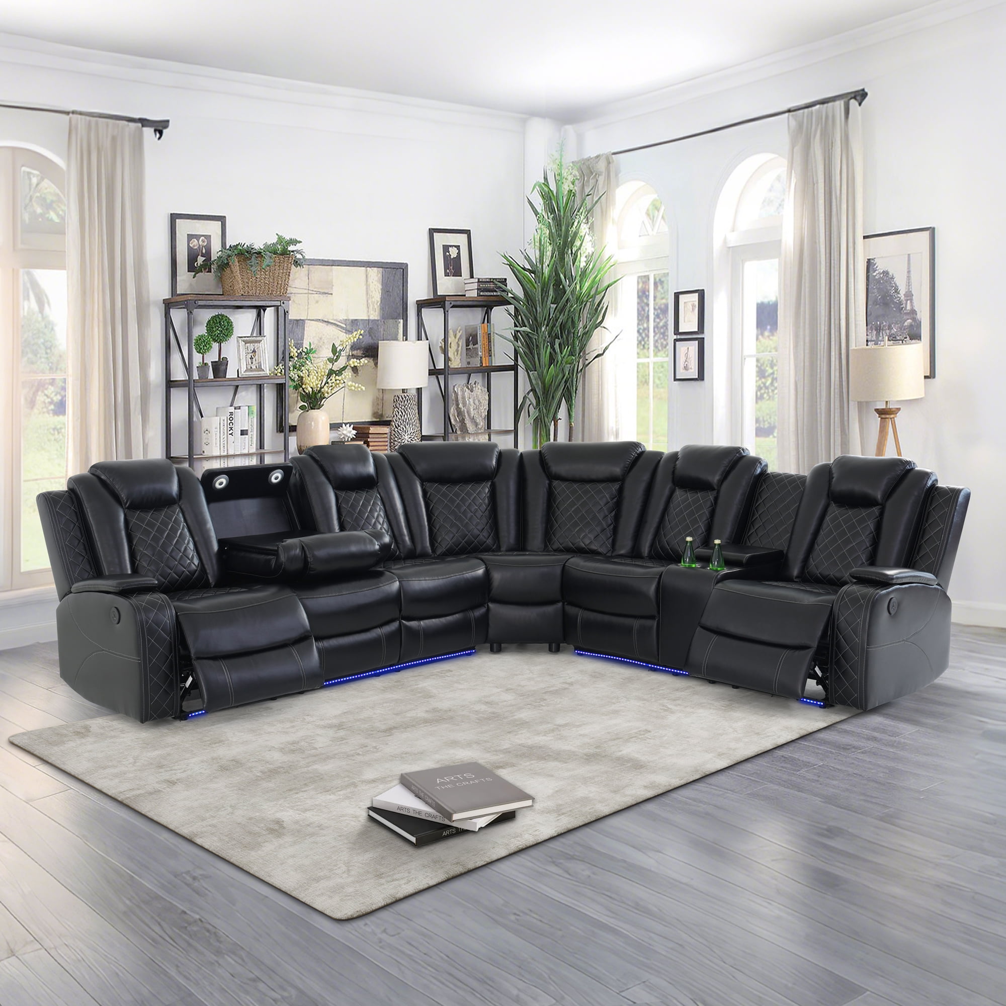 Gewnee Air Leather Power Recliner Sectional Sofa，L‑Shaped Recliner Couch with Cup Holders，Wireless Charging, LED Ambient Light, Console Storage，Home Theater Sofa for Living Room,Black